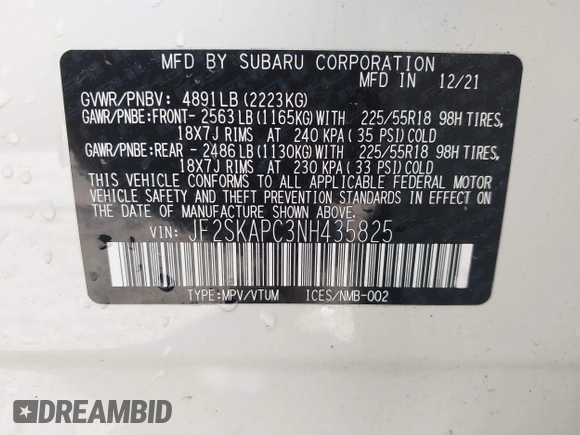 2022 Subaru Forester Limited with VIN JF2SKAPC3NH435825, listed as a IAAI auction lot 42080762 with 43,682 mi miles and . Bid and sale history available at DreamBid. Image 9.