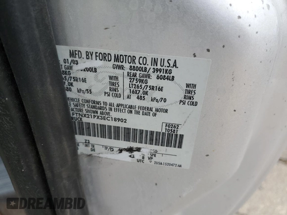 2003 Ford F-250 XL с VIN 1FTNX21PX3EC18902, выставлен на аукционе Copart как лот 50737325 с пробегом Не указан миль и Списание • Salvage title. История ставок и продаж доступна на DreamBid. Изображение 14.