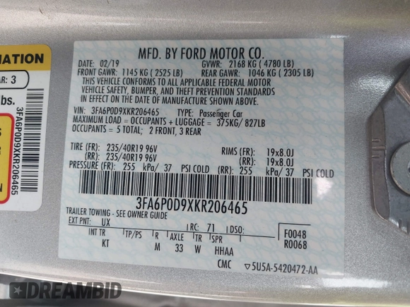 2019 Ford Fusion Titanium with VIN 3FA6P0D9XKR206465, listed as a IAAI auction lot 41577306 with 70,668 mi miles. Bid and sale history available at carsss.com. Image 9.
