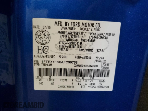 2010 Ford F-150 XL с VIN 1FTEX1E8XAFC99758, выставлен на аукционе Copart как лот 60532895 с пробегом 278 106 миль миль и Чистый • Clean title. История ставок и продаж доступна на DreamBid. Изображение 12.