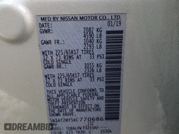 2019 Nissan Rogue SV with VIN 5N1AT2MT5KC770686, listed as a Copart auction lot 47623755 with 110,150 mi miles and Salvage Title. Bid and sale history available at DreamBid. Image 13.