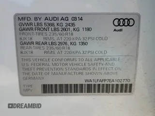 2014 Audi Q5 Premium Plus with VIN WA1LFAFP7EA102770, listed as a Copart auction lot 53556245 with 106,483 mi miles and Salvage Title. Bid and sale history available at carsss.com. Image 12.