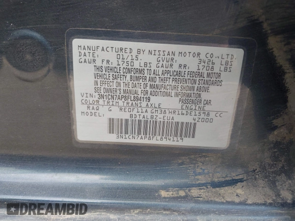 2015 Nissan Versa SV with VIN 3N1CN7AP8FL894119, listed as a IAAI auction lot 42045945 with 88,458 mi miles. Bid and sale history available at carsss.com. Image 9.