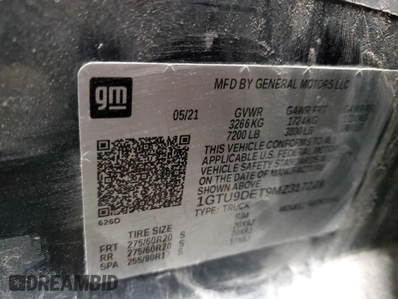 2021 GMC Sierra 1500 SLT with VIN 1GTU9DET9MZ317228, listed as a Copart auction lot 44962005 with 97,980 mi miles and Salvage title. Bid and sale history available at DreamBid. Image 14.