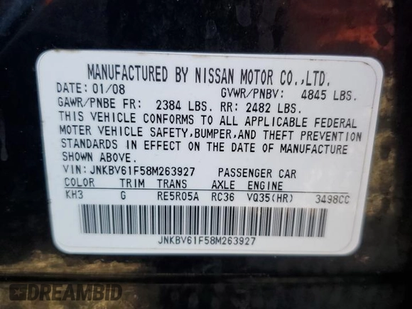 2008 Infiniti G35 x with VIN JNKBV61F58M263927, listed as a Copart auction lot 69553234 with 143,369 mi miles and Non Repairable. Bid and sale history available at DreamBid. Image 12.