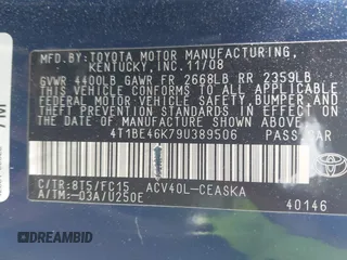 2009 Toyota Camry with VIN 4T1BE46K79U389506, listed as a IAAI auction lot 42016983 with 155,722 mi miles and . Bid and sale history available at carsss.com. Image 9.