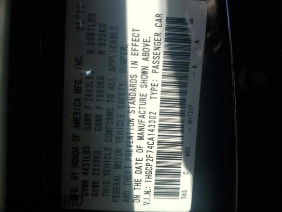 2012 Honda Accord EX z VIN 1HGCP2F74CA143302, wystawiony jako Copart lot #50093665 z przebiegiem 77 527 mil mil oraz Szkoda całkowita • Salvage title. Historia ofert i sprzedaży dostępna na DreamBid. Obrazek 12.