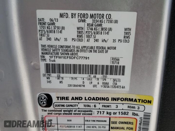 2013 Ford F-150 XL with VIN 1FTFW1EF5DFC77791, listed as a Copart auction lot 56161675 with 115,820 mi miles and Salvage Title. Bid and sale history available at DreamBid. Image 12.