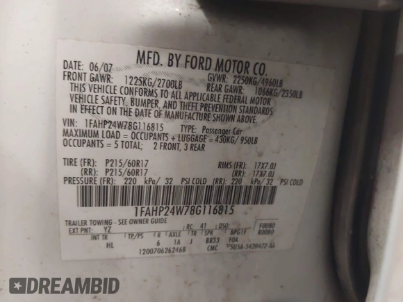 2008 Ford Taurus SEL with VIN 1FAHP24W78G116815, listed as a IAAI auction lot 42714944 with 206,736 mi miles and . Bid and sale history available at DreamBid. Image 9.