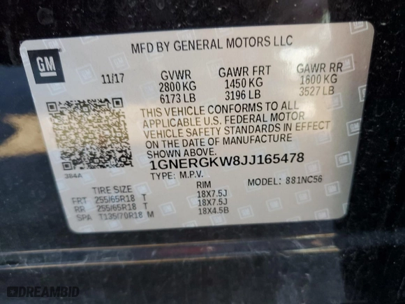 2018 Chevrolet Traverse LT Cloth with VIN 1GNERGKW8JJ165478, listed as a Copart auction lot 43942435 with 71,645 mi miles and Salvage Title. Bid and sale history available at carsss.com. Image 14.