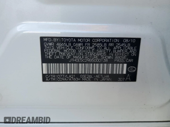 2011 Lexus IS 350 with VIN JTHCE5C29B5000138, listed as a Copart auction lot 42920825 with 105,420 mi miles and Salvage title. Bid and sale history available at DreamBid. Image 12.