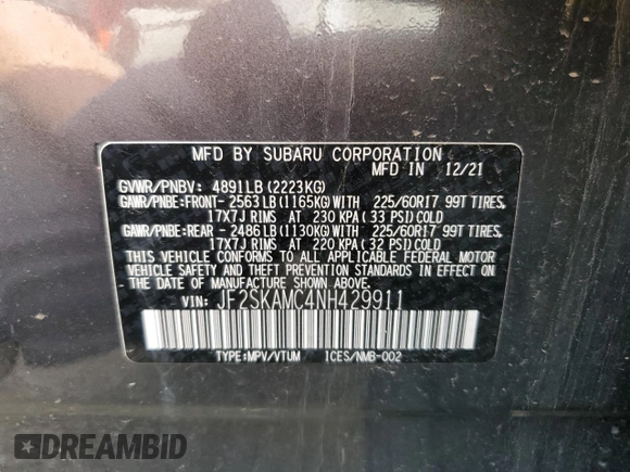 2022 Subaru Forester Wilderness with VIN JF2SKAMC4NH429911, listed as a Copart auction lot 56545185 with 45,248 mi miles and Salvage title. Bid and sale history available at DreamBid. Image 13.