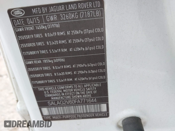 2015 Land Rover LR4 HSE with VIN SALAG2V60FA771644, listed as a IAAI auction lot 42364705 with 126,533 mi miles and . Bid and sale history available at DreamBid. Image 9.