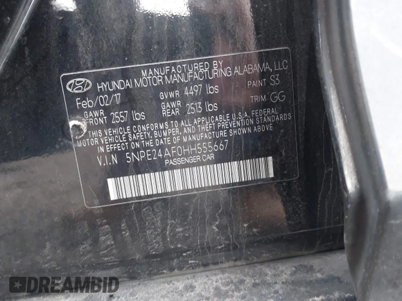 2017 Hyundai Sonata SE with VIN 5NPE24AF0HH555667, listed as a IAAI auction lot 41864287 with 96,380 mi miles and . Bid and sale history available at DreamBid. Image 9.