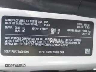2025 Lucid Air Pure with VIN 50EA1PGA7SA001096, listed as a IAAI auction lot 41950025 with 3,502 mi miles. Bid and sale history available at carsss.com. Image 9.