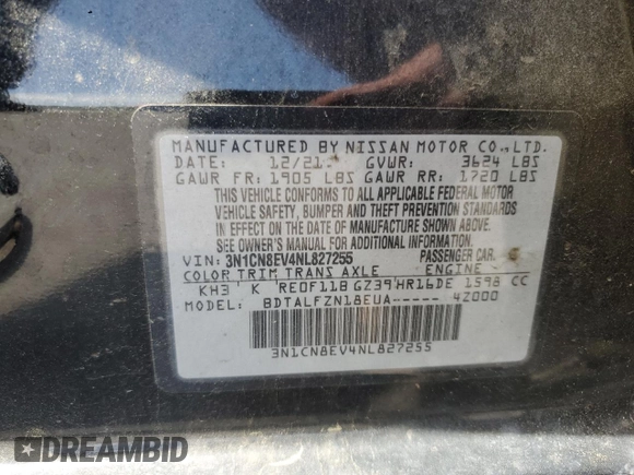 2022 Nissan Versa SV with VIN 3N1CN8EV4NL827255, listed as a Copart auction lot 53330135 with 49,597 mi miles and Salvage title. Bid and sale history available at DreamBid. Image 12.