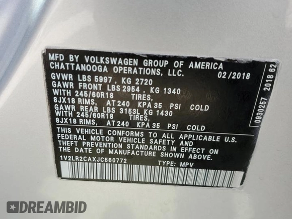 2018 Volkswagen Atlas SE z VIN 1V2LR2CAXJC560772, wystawiony jako Copart lot #53544725 z przebiegiem 70 282 mil mil oraz Szkoda całkowita • Salvage title. Historia ofert i sprzedaży dostępna na DreamBid. Obrazek 13.