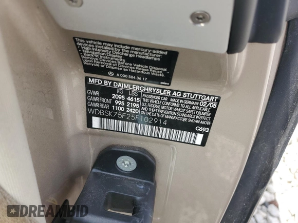 2005 Mercedes-Benz SL 500 with VIN WDBSK75F25F102914, listed as a Copart auction lot 54002705 with 117,692 mi miles and Clean Title. Bid and sale history available at DreamBid. Image 12.