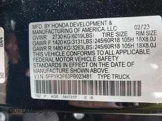 2023 Honda Ridgeline Black Edition with VIN 5FPYK3F83PB023481, listed as a IAAI auction lot 42157928 with 24,632 mi miles and . Bid and sale history available at DreamBid. Image 9.