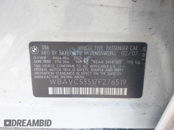 2007 BMW 3 Series 328i with VIN WBAVC53517FZ76519, listed as a IAAI auction lot 42595027 with Not provided miles and . Bid and sale history available at DreamBid. Image 9.