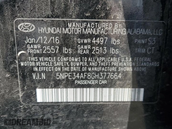 2016 Hyundai Sonata Sport with VIN 5NPE34AF8GH377664, listed as a Copart auction lot 49029885 with 155,465 mi miles and Salvage Title. Bid and sale history available at DreamBid. Image 15.