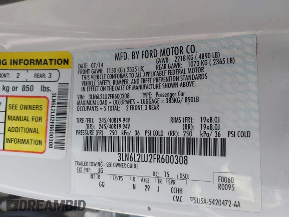 2015 Lincoln MKZ Hybrid with VIN 3LN6L2LU2FR600308, listed as a IAAI auction lot 42416417 with 120,670 mi miles and . Bid and sale history available at DreamBid. Image 9.