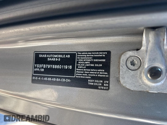 2008 Saab 9-3 z VIN YS3FB79Y686011916, wystawiony jako Copart lot #45656735 z przebiegiem 195 263 mil mil oraz Szkoda całkowita • Salvage title. Historia ofert i sprzedaży dostępna na DreamBid. Obrazek 10.