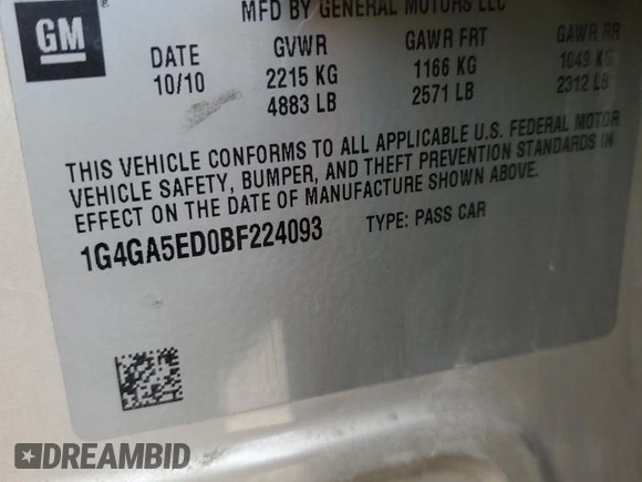 2011 Buick LaCrosse CX with VIN 1G4GA5ED0BF224093, listed as a Copart auction lot 49406635 with 210,029 mi miles and Salvage title. Bid and sale history available at DreamBid. Image 14.