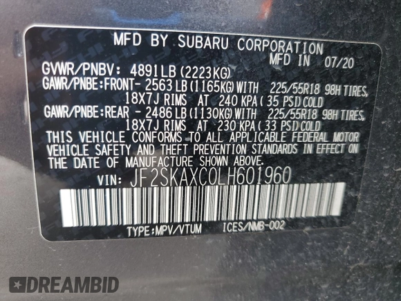 2020 Subaru Forester Touring with VIN JF2SKAXC0LH601960, listed as a Copart auction lot 54745795 with 92,525 mi miles and Clean title. Bid and sale history available at DreamBid. Image 13.