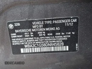 2013 BMW 3 Series 328i with VIN WBA3C1G58DNR45828, listed as a IAAI auction lot 41920757 with 122,947 mi miles. Bid and sale history available at carsss.com. Image 9.