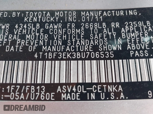 2011 Toyota Camry LE with VIN 4T1BF3EK3BU706535, listed as a IAAI auction lot 41934424 with 234,657 mi miles. Bid and sale history available at carsss.com. Image 9.