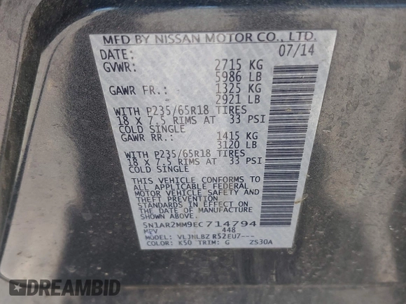 2014 Nissan Pathfinder SL z VIN 5N1AR2MM9EC714794, wystawiony jako IAAI lot #42294443 z przebiegiem 162 213 mil mil oraz . Historia ofert i sprzedaży dostępna na DreamBid. Obrazek 9.