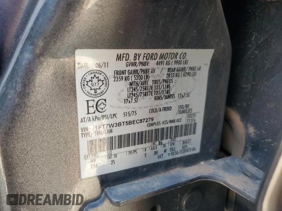 2011 Ford F-350 Platinum with VIN 1FT7W3BT5BEC87279, listed as a Copart auction lot 52990815 with 285,540 mi miles and Salvage title. Bid and sale history available at DreamBid. Image 12.