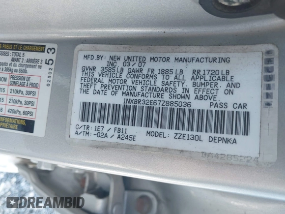 2007 Toyota Corolla CE with VIN 1NXBR32E67Z885036, listed as a IAAI auction lot 41983140 with 204,502 mi miles and . Bid and sale history available at DreamBid. Image 9.
