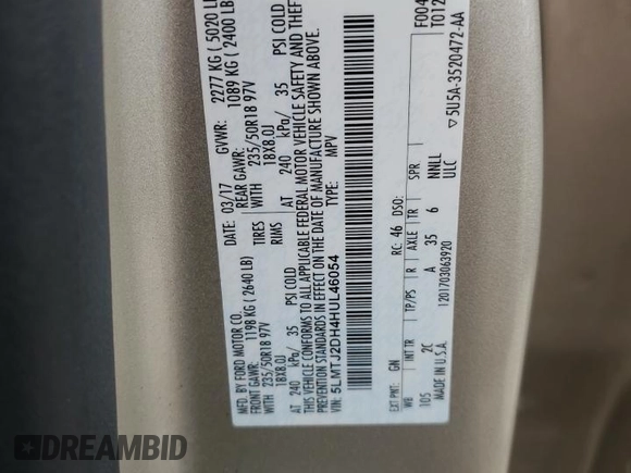 2017 Lincoln MKC Select with VIN 5LMTJ2DH4HUL46054, listed as a Copart auction lot 44584145 with 68,796 mi miles and Non repairable. Bid and sale history available at DreamBid. Image 12.