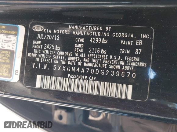 2013 Kia Optima EX with VIN 5XXGN4A70DG239670, listed as a IAAI auction lot 41997443 with 114,316 mi miles and . Bid and sale history available at carsss.com. Image 9.