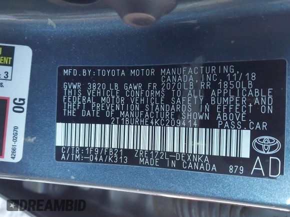 2019 Toyota Corolla L with VIN 2T1BURHE4KC209414, listed as a IAAI auction lot 41669591 with 98,072 mi miles and . Bid and sale history available at carsss.com. Image 9.