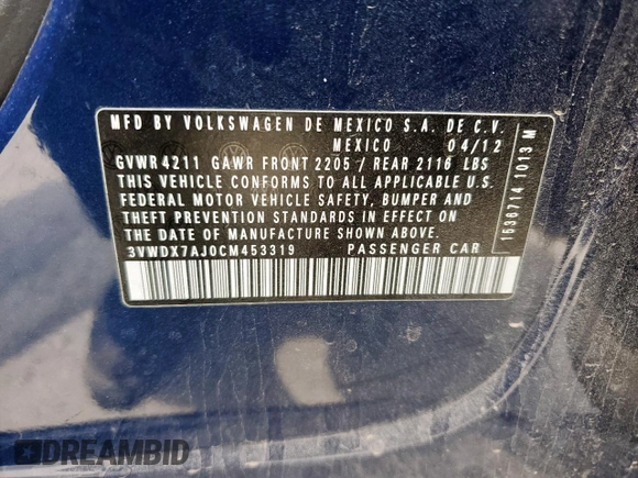 2012 Volkswagen Jetta SE с VIN 3VWDX7AJ0CM453319, выставлен на аукционе Copart как лот 57071625 с пробегом 93 355 миль миль и Списание • Salvage title. История ставок и продаж доступна на DreamBid. Изображение 12.