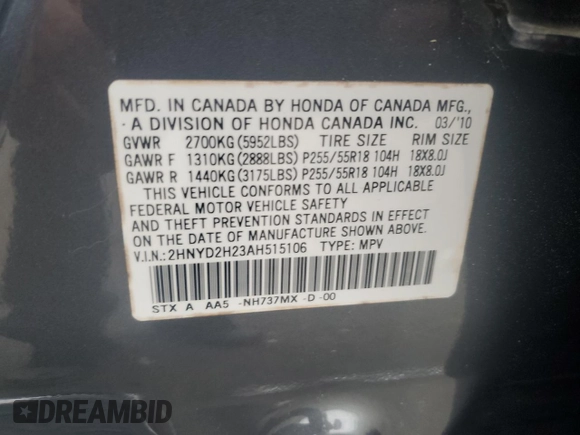 2010 Acura MDX z VIN 2HNYD2H23AH515106, wystawiony jako Copart lot #56027145 z przebiegiem 102 369 mil mil oraz Szkoda całkowita • Salvage title. Historia ofert i sprzedaży dostępna na DreamBid. Obrazek 13.