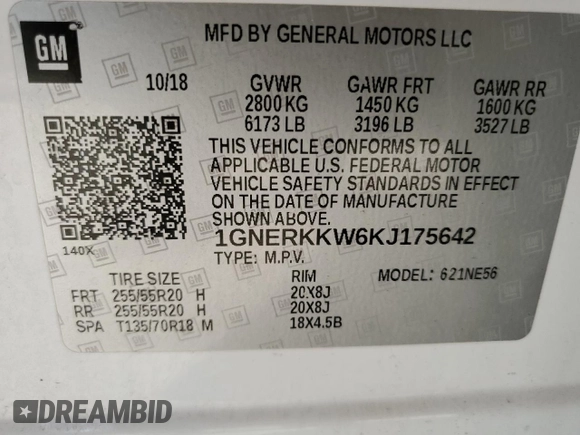 2019 Chevrolet Traverse Premier z VIN 1GNERKKW6KJ175642, wystawiony jako Copart lot #57621745 z przebiegiem 109 562 mil mil oraz Szkoda całkowita • Salvage title. Historia ofert i sprzedaży dostępna na DreamBid. Obrazek 12.