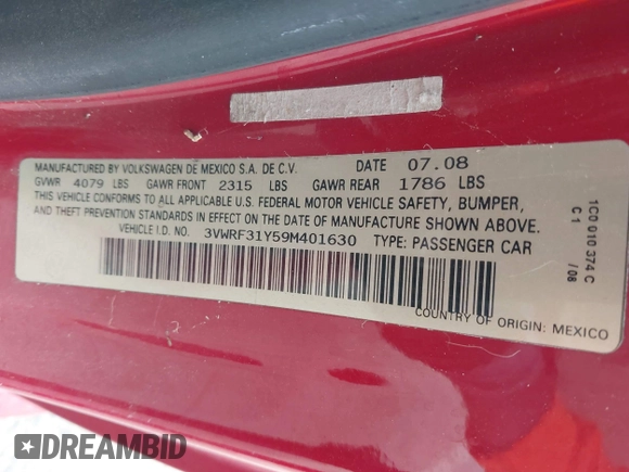 2009 Volkswagen Beetle S with VIN 3VWRF31Y59M401630, listed as a IAAI auction lot 42056891 with Not Provided miles and . Bid and sale history available at DreamBid. Image 9.