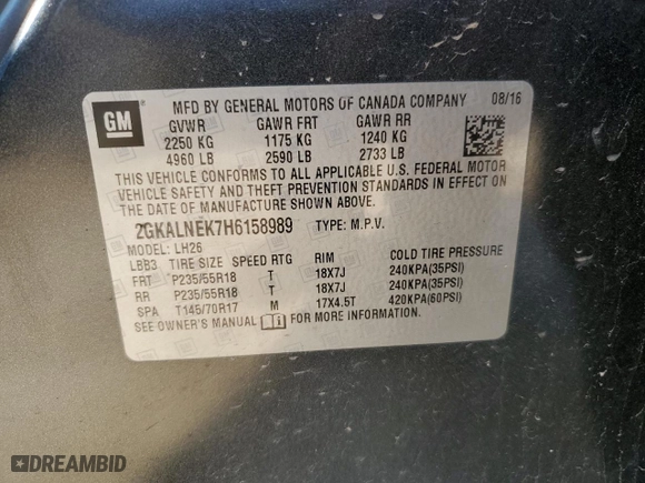 2017 GMC Terrain SLE with VIN 2GKALNEK7H6158989, listed as a Copart auction lot 45750973 with 0 mi miles and Salvage Title. Bid and sale history available at carsss.com. Image 13.