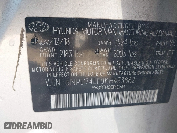 2019 Hyundai Elantra SE with VIN 5NPD74LF0KH433862, listed as a IAAI auction lot 41678153 with 128,575 mi miles and . Bid and sale history available at DreamBid. Image 9.