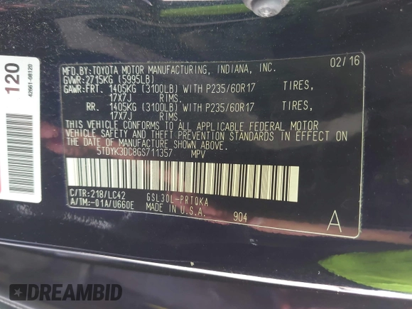 2016 Toyota Sienna XLE with VIN 5TDYK3DC8GS711357, listed as a IAAI auction lot 42525086 with 180,296 mi miles and . Bid and sale history available at DreamBid. Image 9.