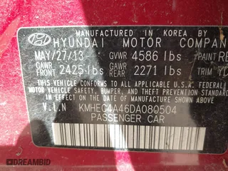 2013 Hyundai Sonata Hybrid with VIN KMHEC4A46DA080504, listed as a IAAI auction lot 42066994 with 107,888 mi miles. Bid and sale history available at carsss.com. Image 9.