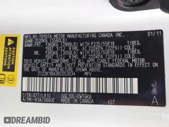 2011 Lexus RX 350 with VIN 2T2ZK1BA3BC053034, listed as a IAAI auction lot 41904630 with 198,725 mi miles. Bid and sale history available at carsss.com. Image 9.