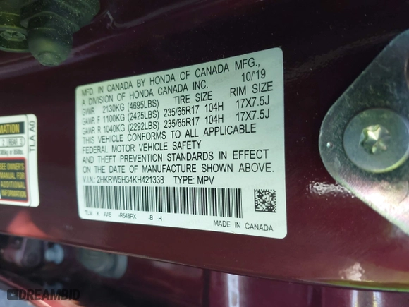 2019 Honda CR-V LX with VIN 2HKRW5H34KH421338, listed as a IAAI auction lot 41654558 with 75,000 mi miles. Bid and sale history available at carsss.com. Image 9.