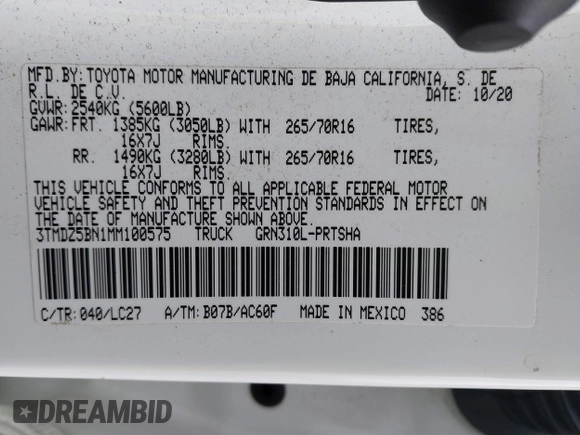 2021 Toyota Tacoma SR5 with VIN 3TMDZ5BN1MM100575, listed as a IAAI auction lot 41516274 with 61,974 mi miles and . Bid and sale history available at DreamBid. Image 9.