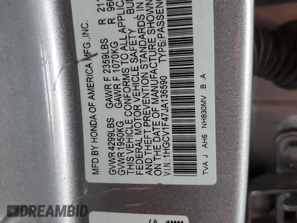 2018 Honda Accord EX with VIN 1HGCV1F47JA136590, listed as a Copart auction lot 53851585 with 100,260 mi miles and Salvage Title. Bid and sale history available at DreamBid. Image 13.