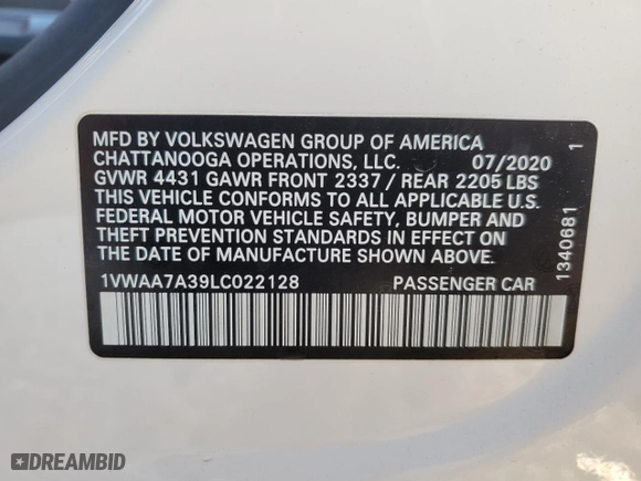 2020 Volkswagen Passat 2.0T S with VIN 1VWAA7A39LC022128, listed as a Copart auction lot 89274555 with 62,925 mi miles and Salvage Title. Bid and sale history available at carsss.com. Image 14.